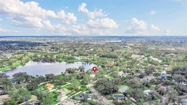 drone / aerial view featuring a water view