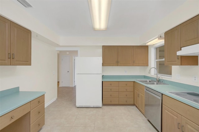 kitchen with sink, stovetop, dishwasher, white refrigerator, and light tile patterned flooring