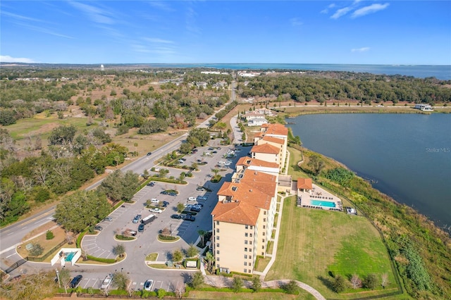 bird's eye view with a water view