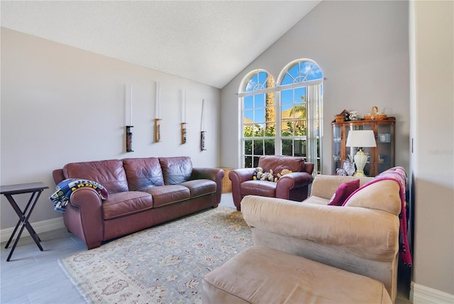 living area featuring high vaulted ceiling, a textured ceiling, baseboards, and wood finished floors