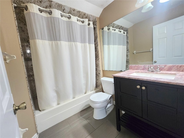 full bathroom with shower / bathtub combination with curtain, vanity, toilet, and tile patterned flooring