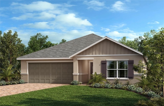 ranch-style house featuring a garage, a shingled roof, decorative driveway, a front lawn, and stucco siding