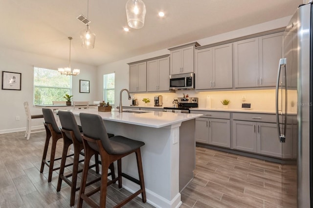 kitchen featuring a sink, visible vents, light countertops, appliances with stainless steel finishes, and gray cabinets