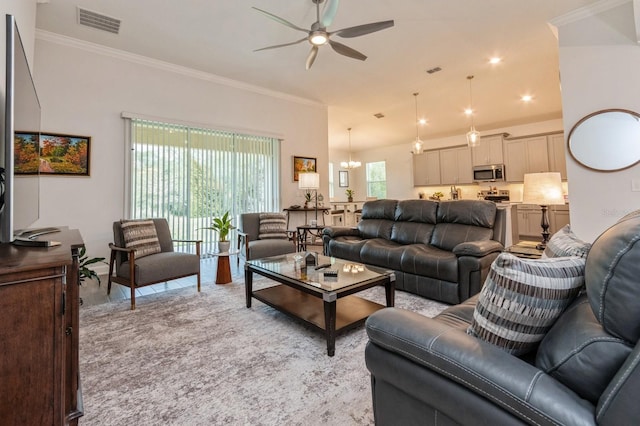 living area with recessed lighting, visible vents, crown molding, and ceiling fan with notable chandelier