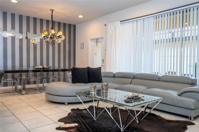 tiled living room featuring a notable chandelier