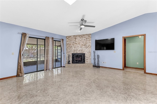 3547 Medford Rd, Casselberry, FL 32707 - unfurnished living room featuring vaulted ceiling, a ceiling fan, and a brick fireplace