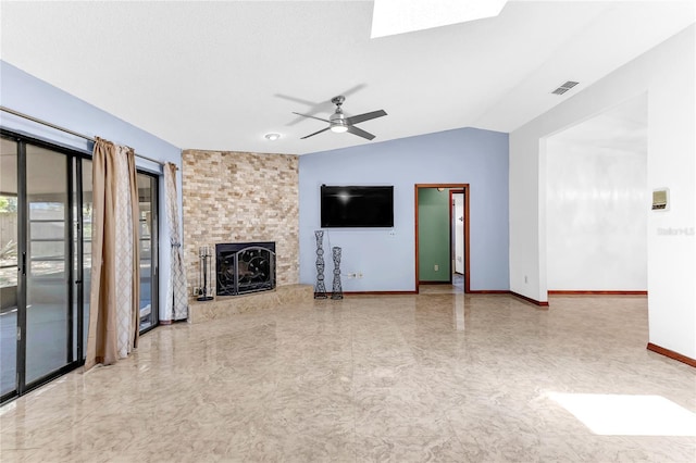 3547 Medford Rd, Casselberry, FL 32707 - unfurnished living room with lofted ceiling, a fireplace, a skylight, and a ceiling fan