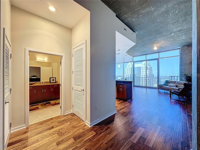 corridor featuring hardwood / wood-style flooring and a wall of windows