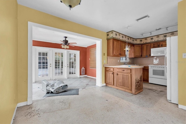 kitchen featuring sink, white appliances, ceiling fan, decorative backsplash, and french doors