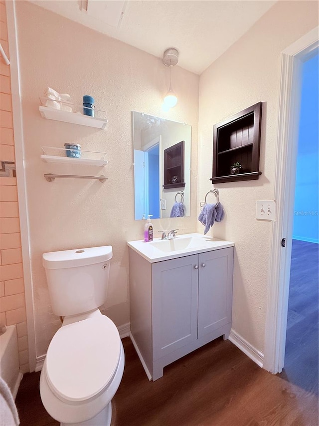 bathroom featuring vanity, wood-type flooring, and toilet