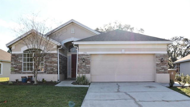 ranch-style house featuring a garage and a front yard