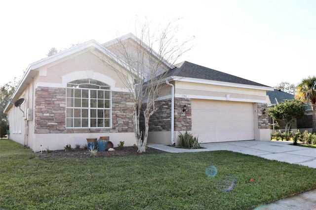 ranch-style home featuring stone siding, a front lawn, and concrete driveway