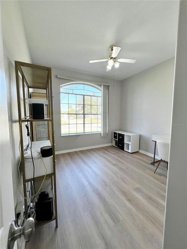 interior space with ceiling fan and light hardwood / wood-style floors