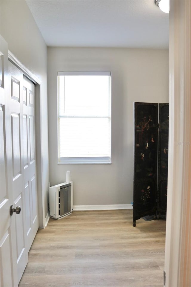 bedroom featuring light wood-type flooring and a closet