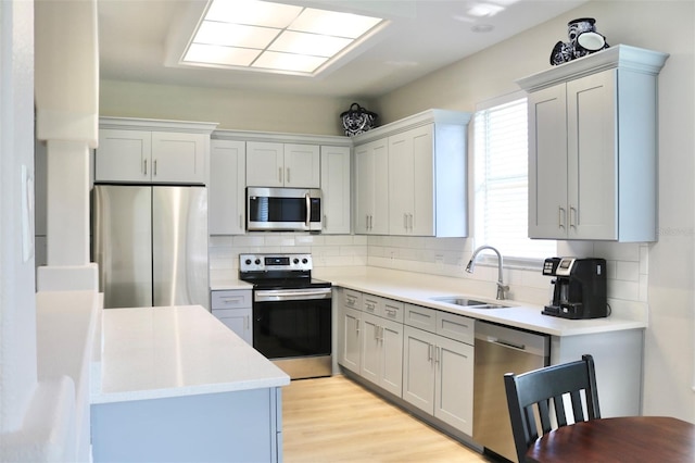 kitchen featuring sink, decorative backsplash, light hardwood / wood-style floors, and appliances with stainless steel finishes