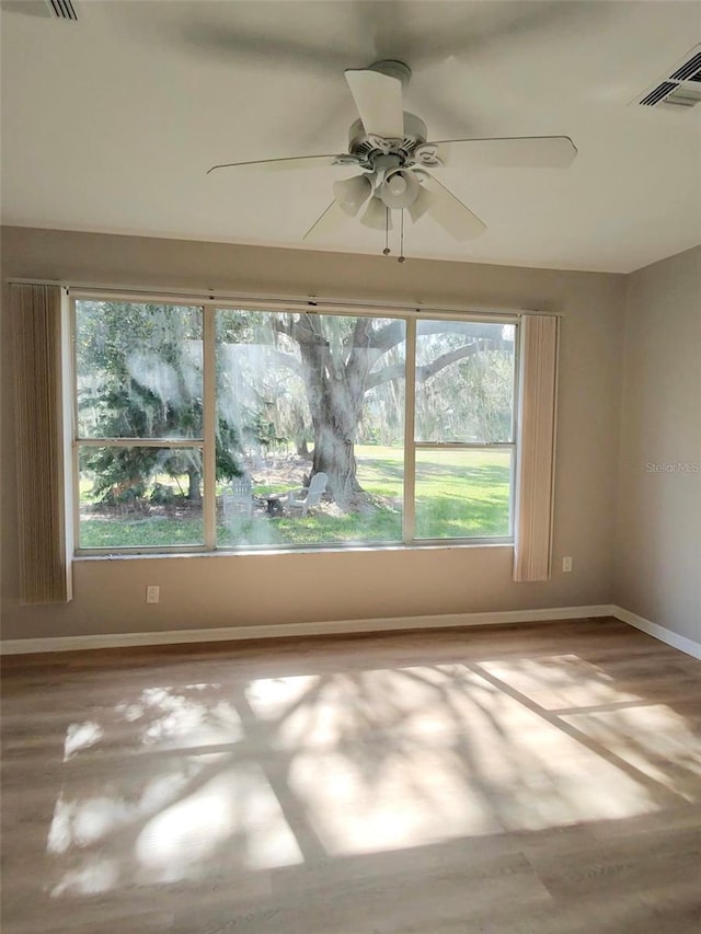 interior space with a ceiling fan, visible vents, and baseboards