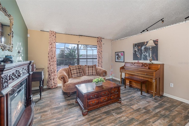 living room featuring dark wood-type flooring, a textured ceiling, and vaulted ceiling