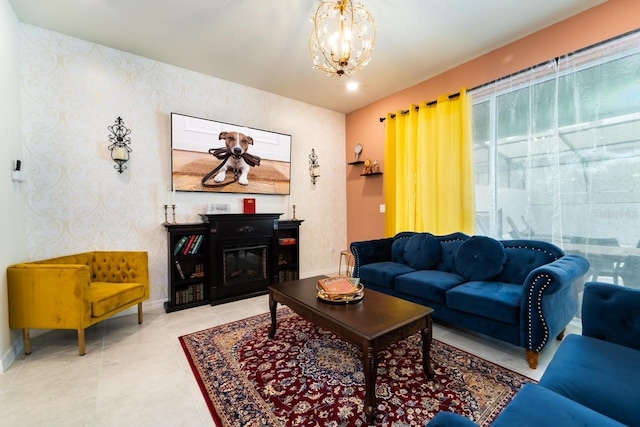 tiled living room featuring an inviting chandelier