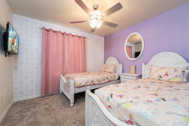 bedroom with light colored carpet and ceiling fan