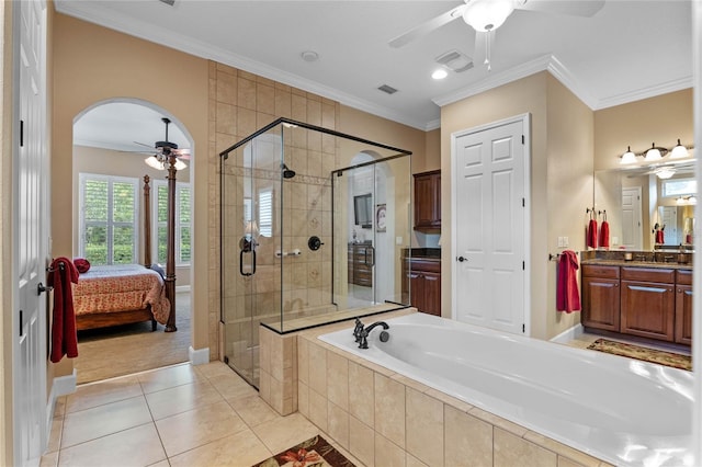 bathroom with vanity, crown molding, tile patterned floors, and ceiling fan