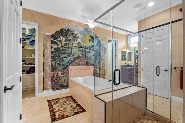 bathroom featuring tile patterned flooring, separate shower and tub, and ceiling fan