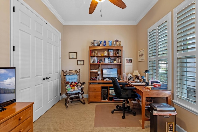 office area featuring ornamental molding, light colored carpet, and ceiling fan