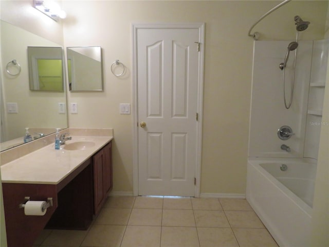 bathroom with vanity, tile patterned floors, and  shower combination