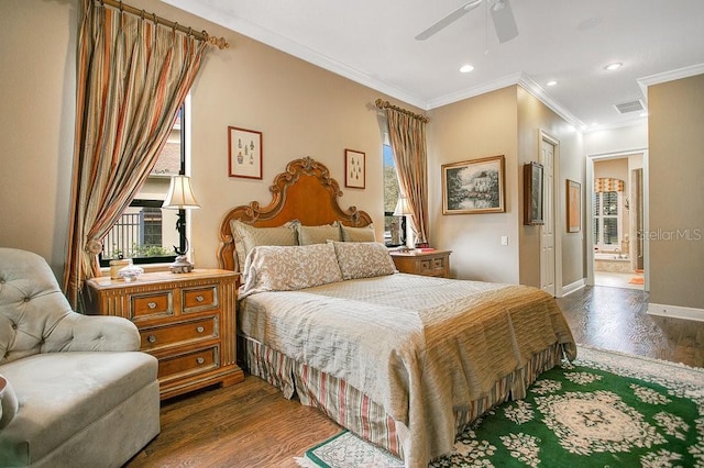 bedroom featuring dark wood finished floors, recessed lighting, visible vents, ceiling fan, and baseboards