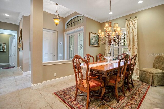 dining room featuring light tile patterned floors, recessed lighting, baseboards, french doors, and crown molding