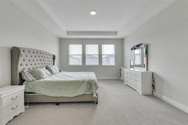 carpeted bedroom featuring a tray ceiling