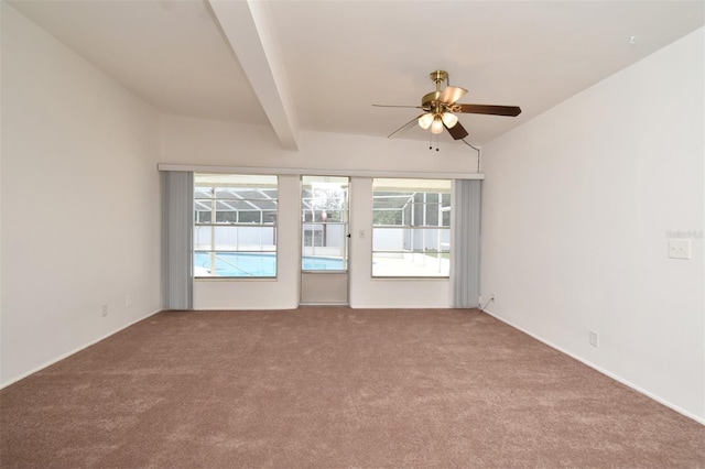 spare room with beamed ceiling, carpet floors, and ceiling fan