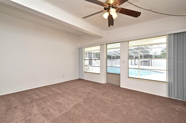 empty room with ceiling fan, beamed ceiling, and carpet flooring