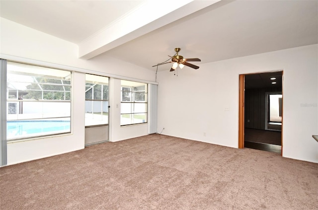 empty room with ceiling fan, carpet floors, and beam ceiling