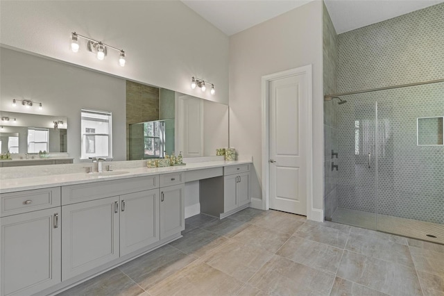 bathroom with vanity and a stall shower