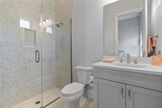 full bath featuring a stall shower, toilet, and vanity