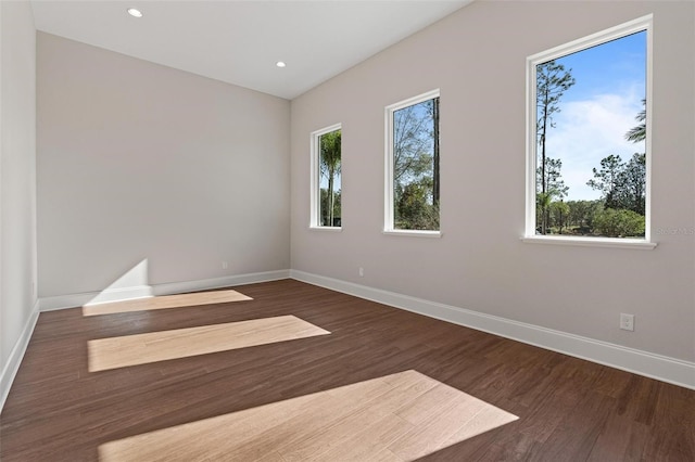 unfurnished room with dark wood-type flooring, a healthy amount of sunlight, and baseboards