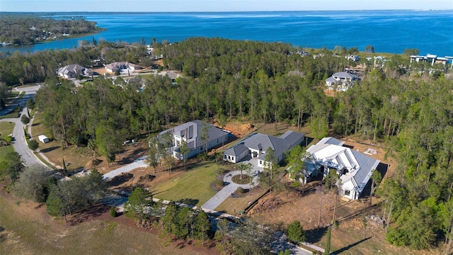 birds eye view of property with a water view and a wooded view