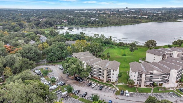 bird's eye view with a water view