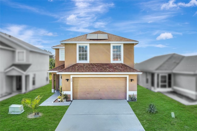 traditional home with driveway, a front yard, and stucco siding