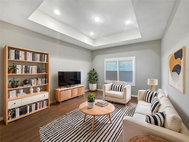 living room with a raised ceiling and dark hardwood / wood-style flooring