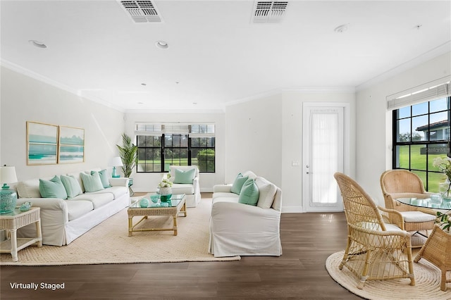 living room featuring dark wood-type flooring and ornamental molding