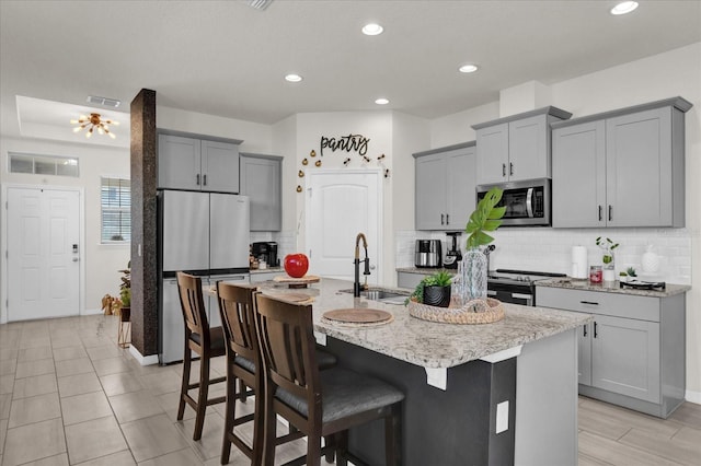 kitchen featuring a breakfast bar, sink, decorative backsplash, a kitchen island with sink, and stainless steel appliances