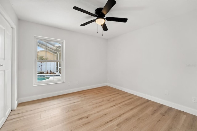 unfurnished room with light hardwood / wood-style flooring and ceiling fan