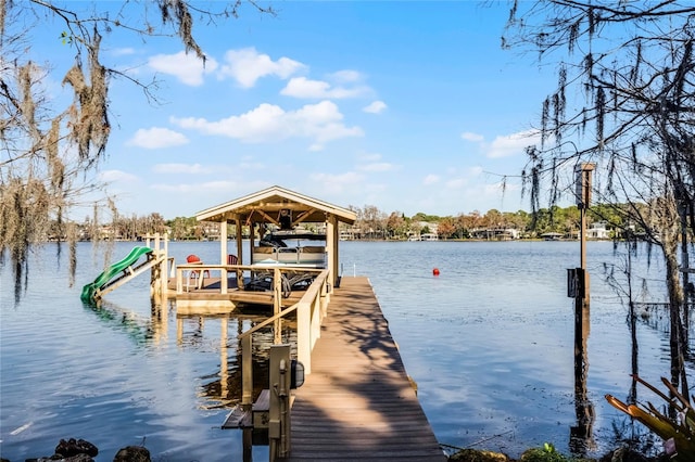 view of dock with a water view