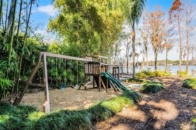 view of play area with a water view