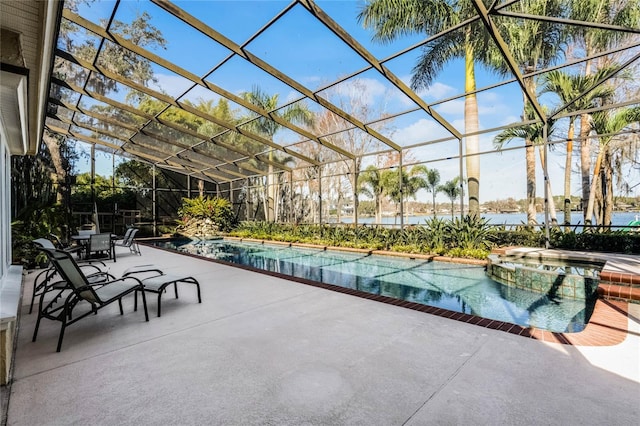 exterior space featuring a swimming pool with hot tub and a lanai