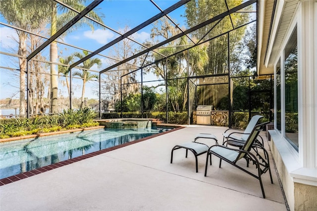 view of pool with grilling area, an in ground hot tub, glass enclosure, and a patio area