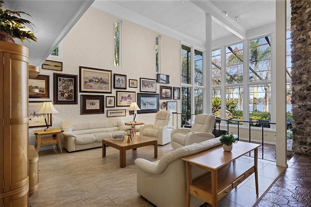 living room featuring a towering ceiling and ornamental molding