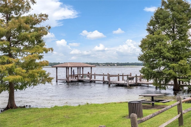 dock area featuring a water view and a yard