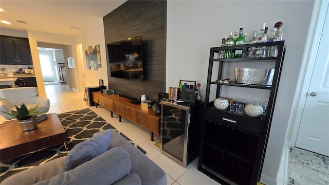 tiled living room featuring beverage cooler